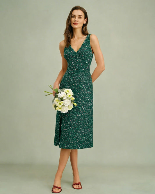 Vestido Midi Floral Verde con Escote en V