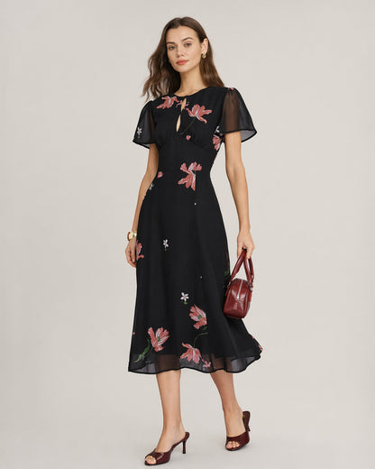 Vestido Midi Floral con Corte en Negro
