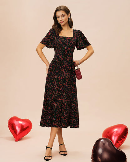 Vestido Midi Floral con Mangas de Mariposa y Escote Cuadrado Negro