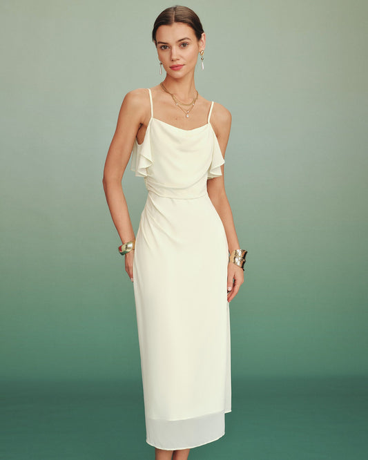 Vestido Midi de Chifón con Volantes en Color Albaricoque