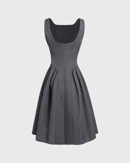 Vestido Midi Sin Mangas de Cuello Barco Gris