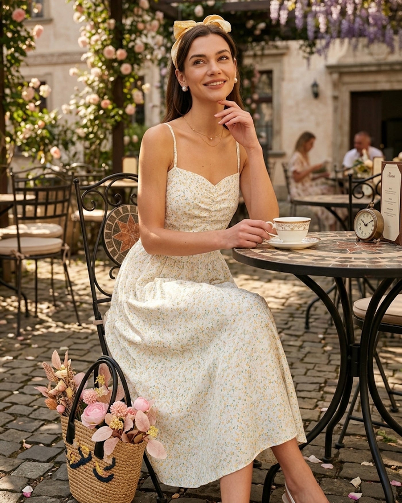 Vestido Midi Floral Sin Mangas con Escote Corazón Amarillo