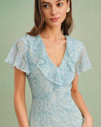 Vestido Midi Floral con Volantes y Escote en V Azul