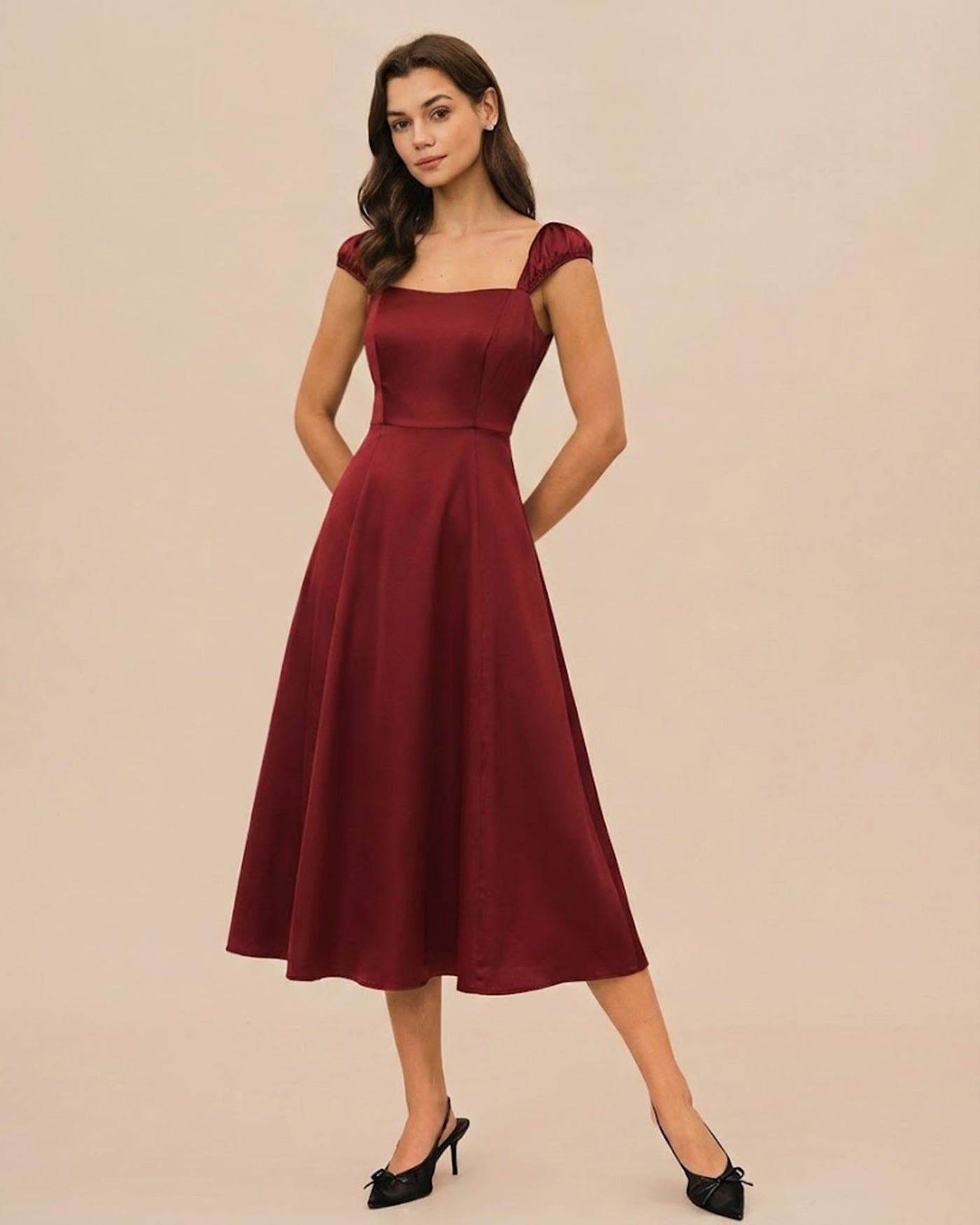 Vestido Midi de Satén con Escote Corazón Rojo