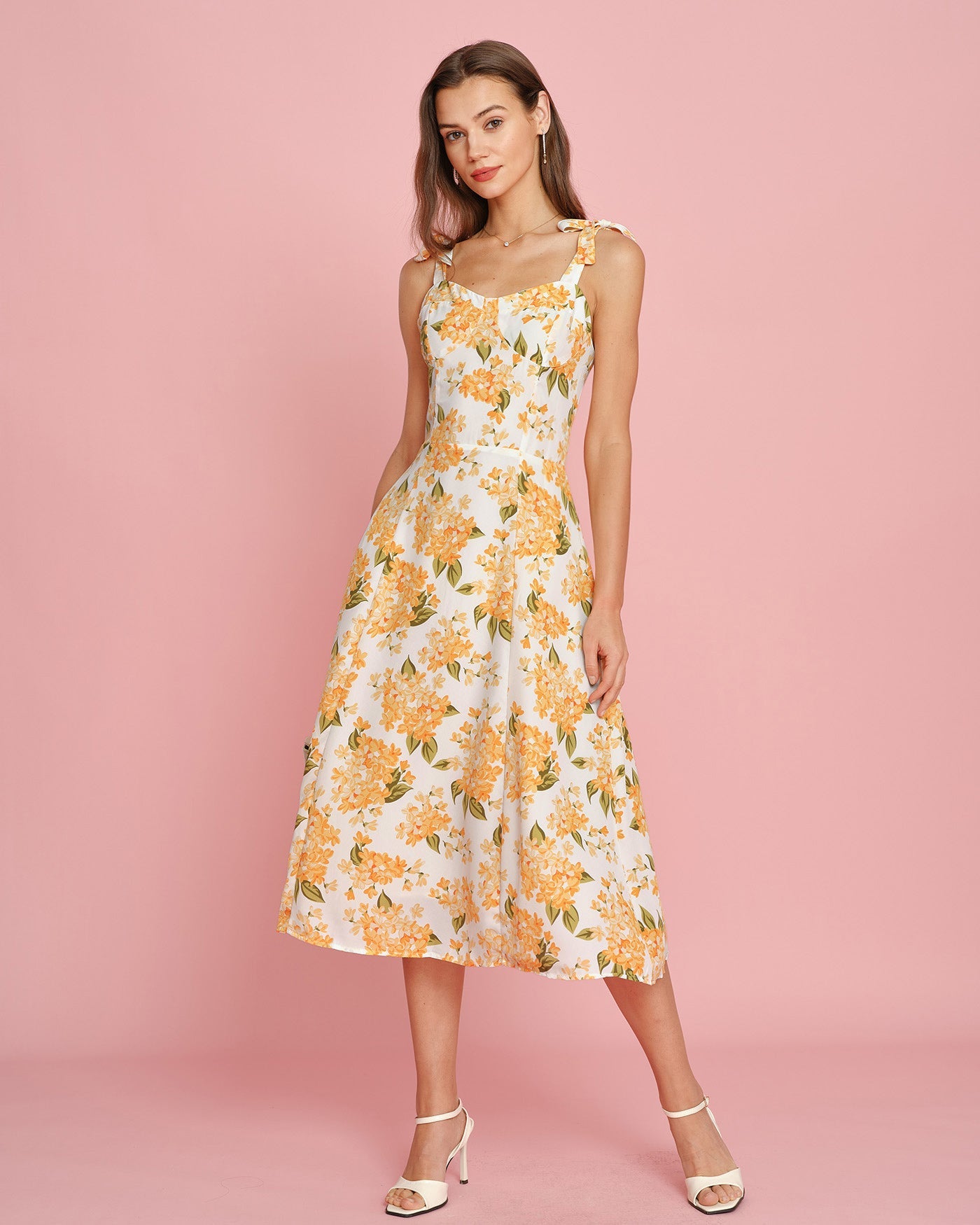 Vestido Midi Deslizante Floral Naranja