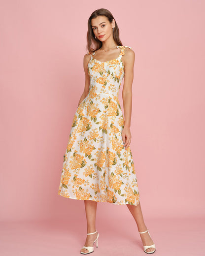 Vestido Midi Deslizante Floral Naranja