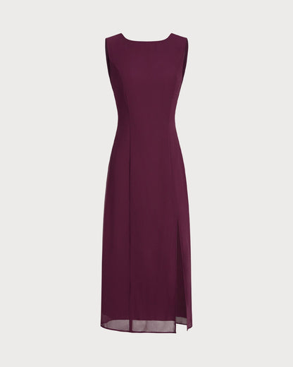 Vestido Midi Sin Espalda con Cuello Barco Color Rojo Vino