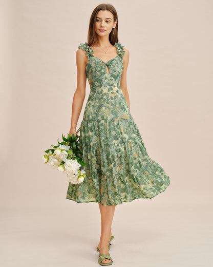 Vestido Midi Sin Mangas Arrugado Verde