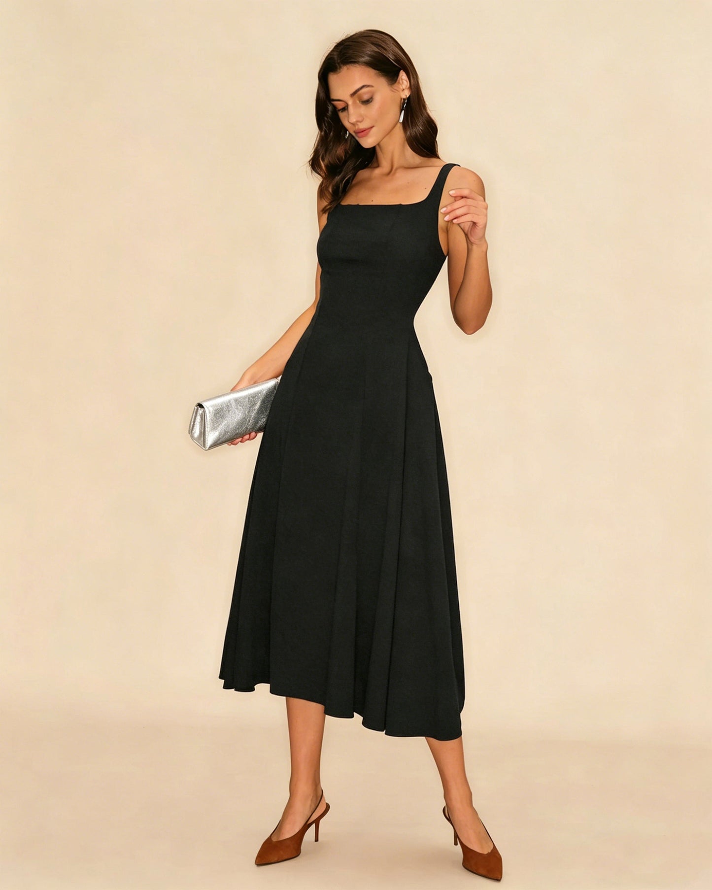 Vestido Midi Deslizante Negro Sólido con Cremallera