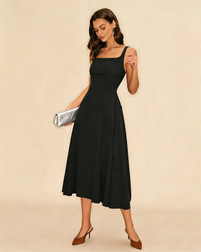 Vestido Midi Deslizante Negro Sólido con Cremallera