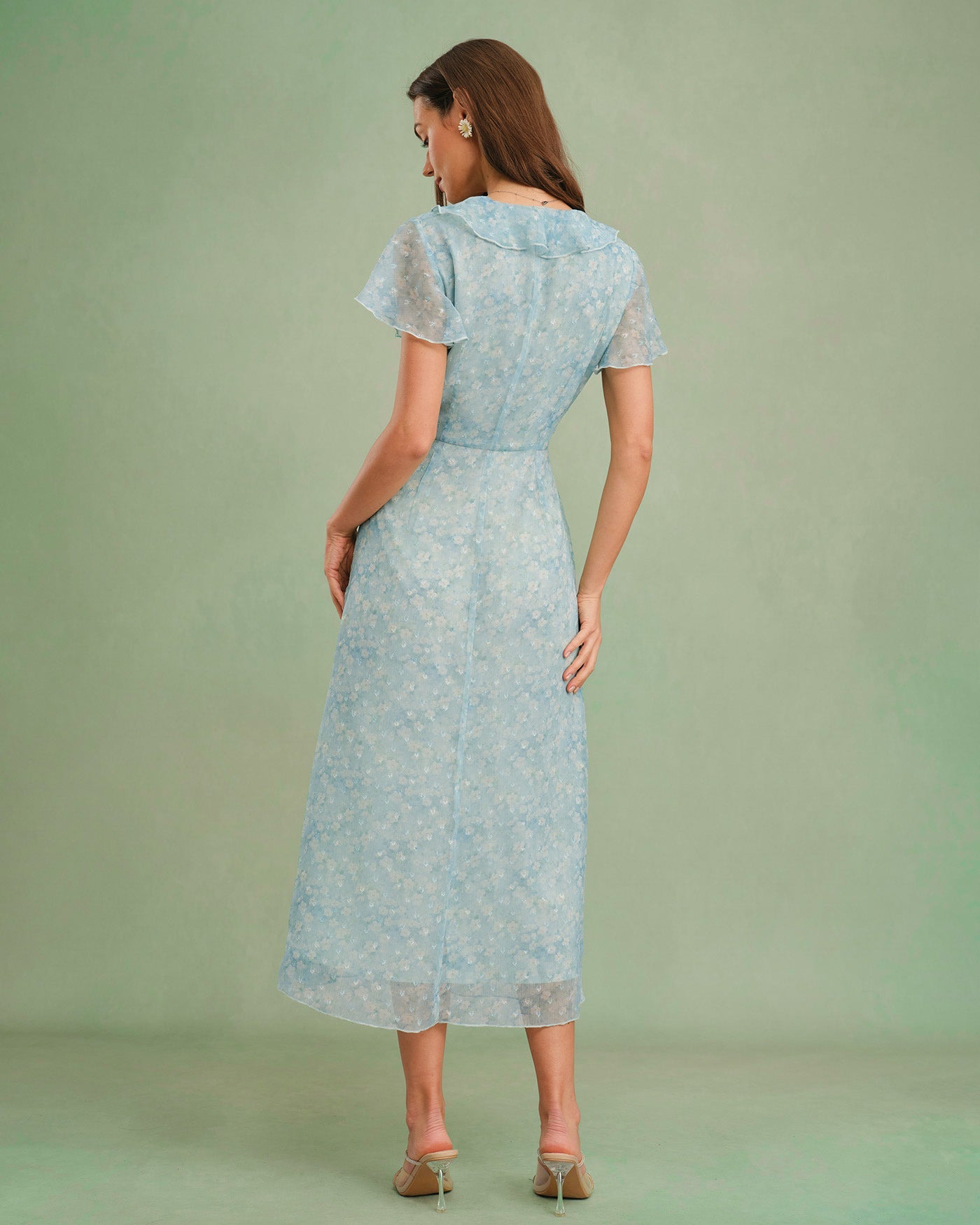 Vestido Midi Floral con Volantes y Escote en V Azul