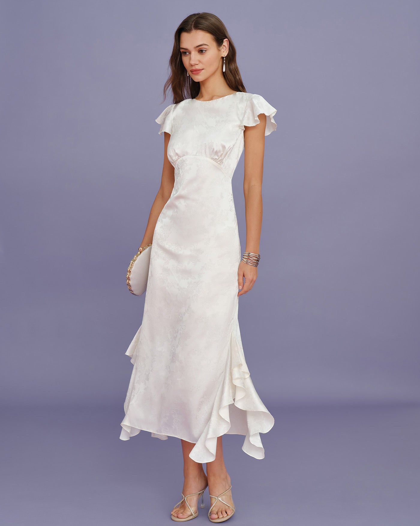 Vestido Midi de Jacquard con Volantes y Cuello Barco Beige