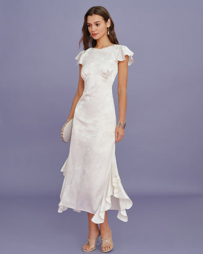 Vestido Midi de Jacquard con Volantes y Cuello Barco Beige
