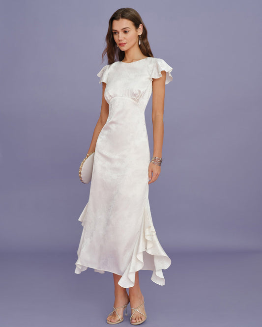 Vestido Midi de Jacquard con Volantes y Cuello Barco Beige