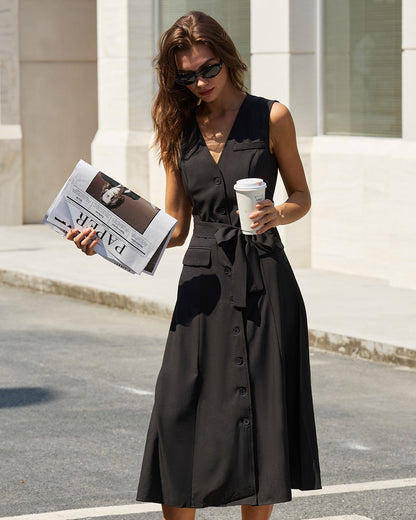 Vestido Midi Sin Mangas con Cinturón y Escote en V Negro