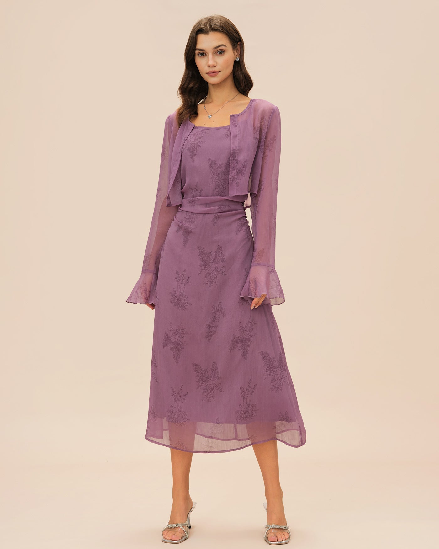 Vestido Midi Deslizante Con Ruches de Flores Moradas