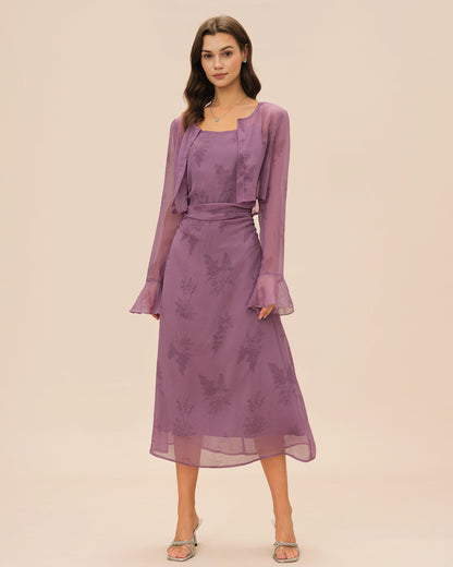 Vestido Midi Deslizante Con Ruches de Flores Moradas