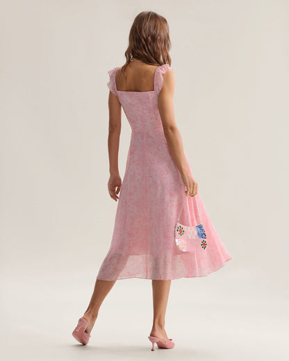 Vestido Midi con Volantes de Cuello Cuadrado Rosa