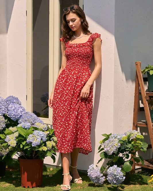 Vestido Midi Floral de Cuello Cuadrado Rojo