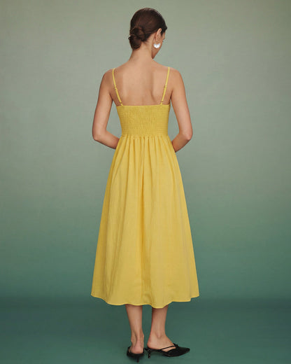 Vestido Midi A-Line Amarillo con Pliegues