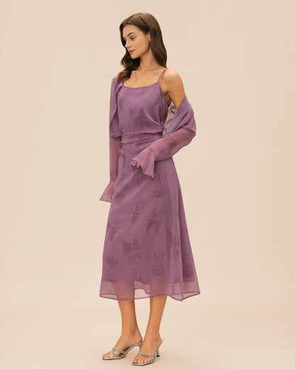 Vestido Midi Deslizante Con Ruches de Flores Moradas