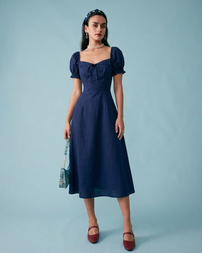 Vestido Midi de Manga Abullonada en Color Marino