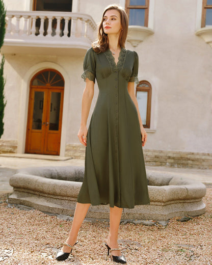 Vestido Midi de Satén con Encaje Verde