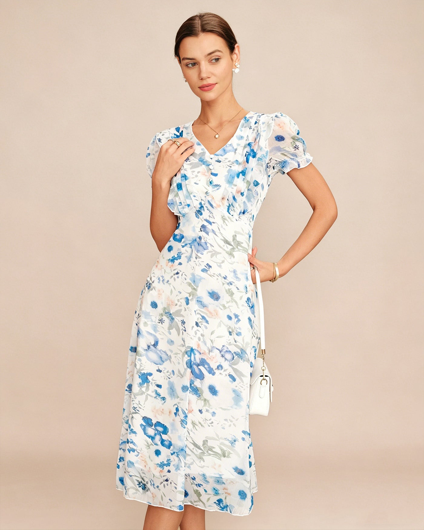 Vestido Midi Shirred con Cuello en V Floral Azul