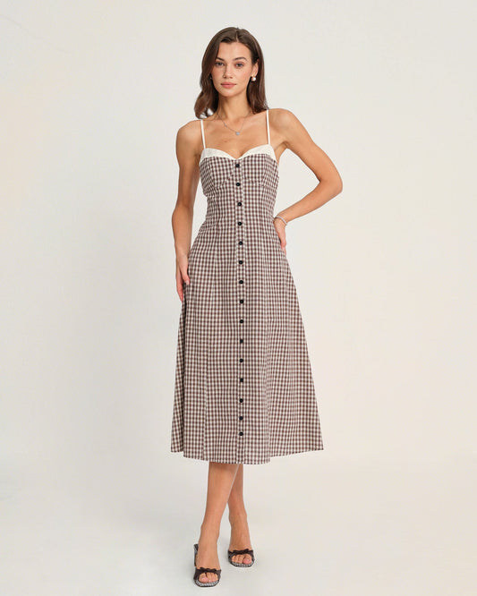 Vestido Midi Deslizante de Cuadros Café