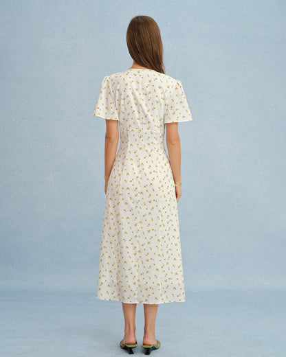 Vestido Midi Floral Amarillo con Escote en V