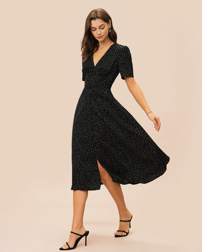 Vestido Midi Negro con Cuello en V y Lunares