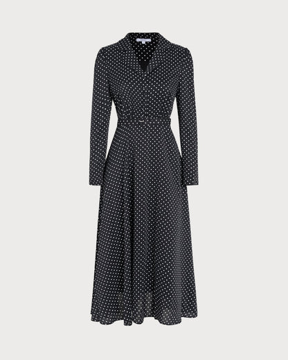 Vestido Midi con Cuello de Lunares Negros