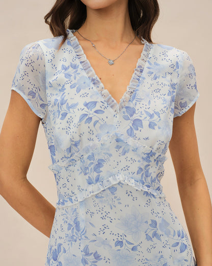 Vestido Midi Floral con Escote en V Azul