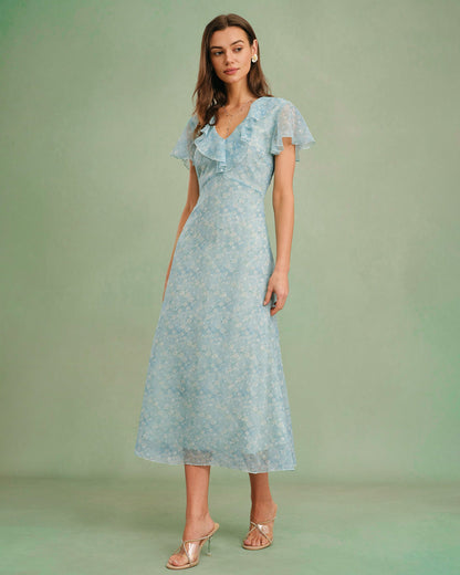 Vestido Midi Floral con Volantes y Escote en V Azul