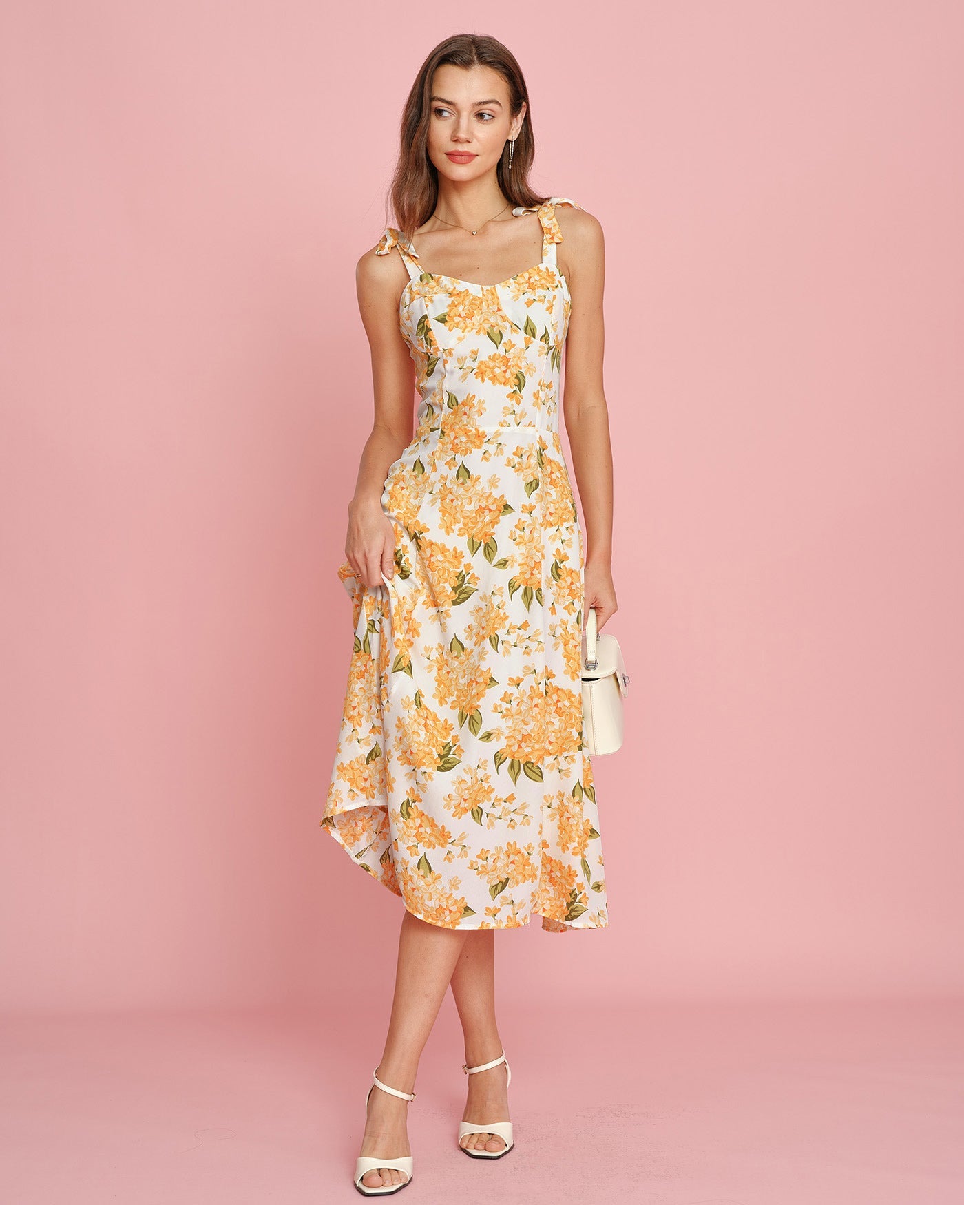 Vestido Midi Deslizante Floral Naranja