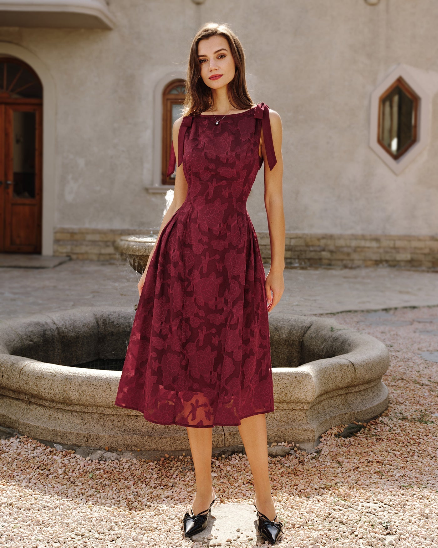 Vestido Midi de Chifón Jacquard Rojo