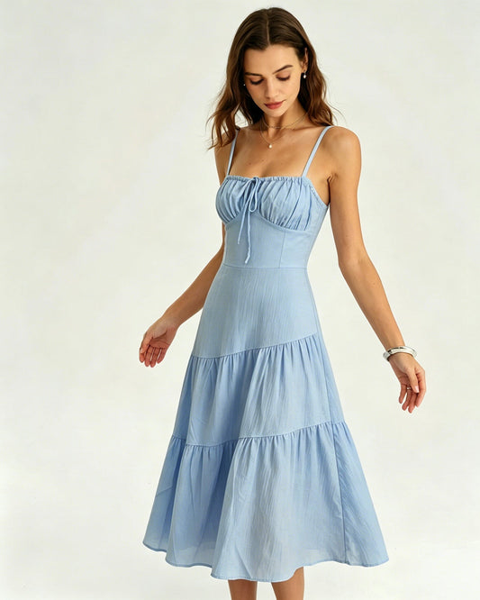 Vestido Midi A-Line con Volantes en Azul