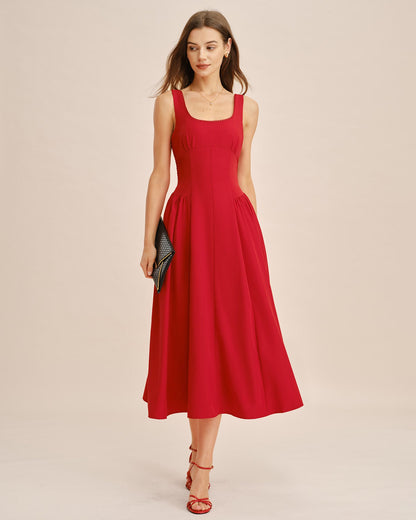 Vestido Midi Sin Mangas de Cuello Cuadrado Rojo
