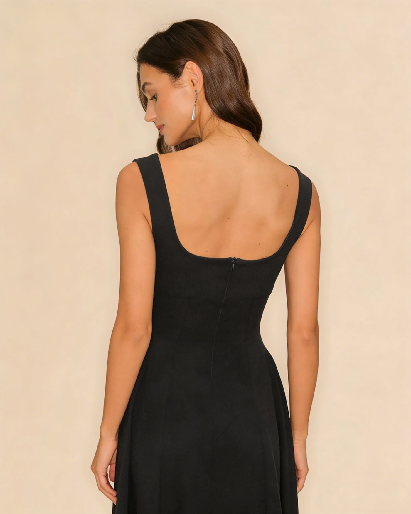 Vestido Midi Deslizante Negro Sólido con Cremallera