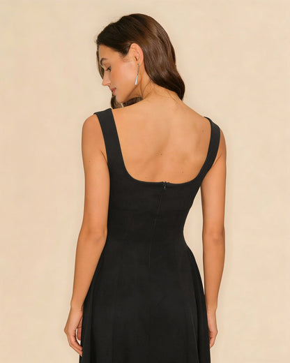 Vestido Midi Deslizante Negro Sólido con Cremallera
