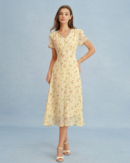 Vestido Midi Floral con Cuello en V Amarillo