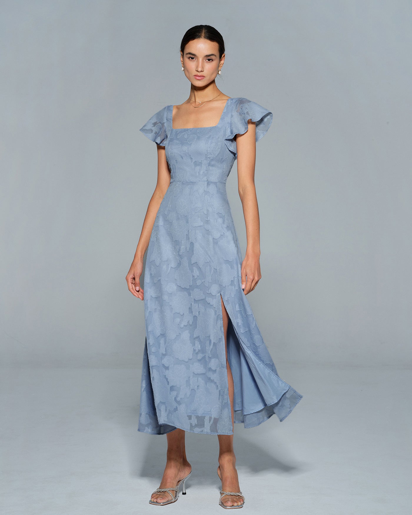 Vestido Midi de Cuello Cuadrado Floral Azul