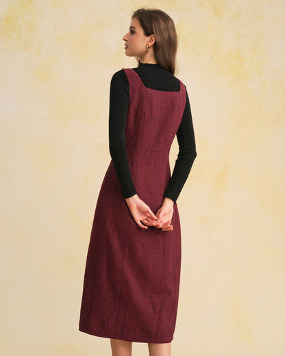 Vestido Midi Rojo Sin Mangas con Abertura y Botones