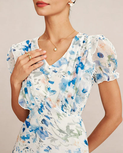 Vestido Midi Shirred con Cuello en V Floral Azul