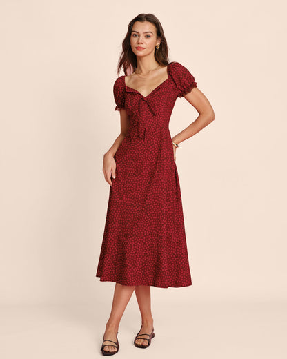 Vestido Midi Floral de Encaje con Cuello en V Rojo