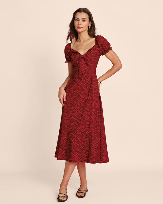 Vestido Midi Floral de Encaje con Cuello en V Rojo