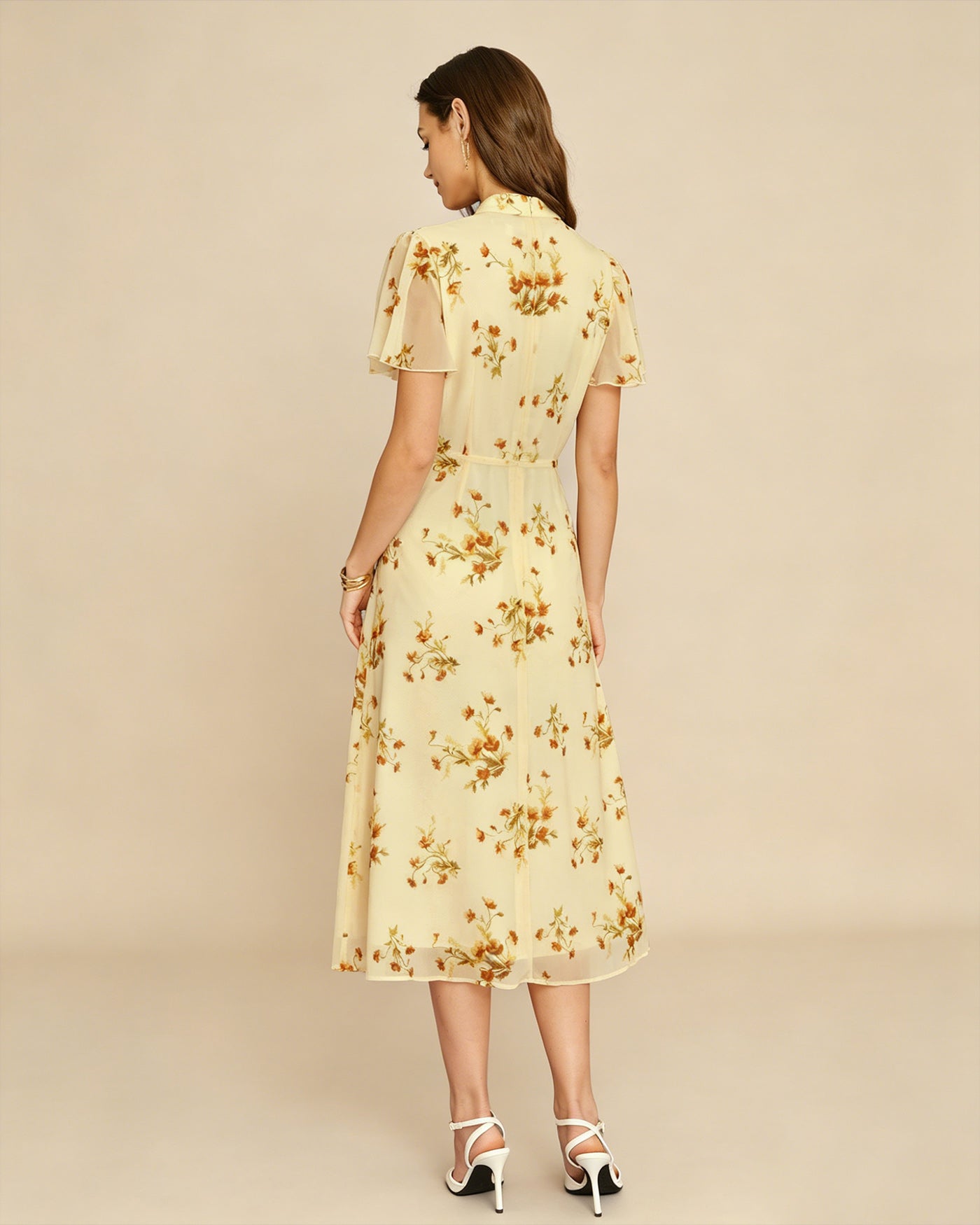 Vestido Midi Floral con Manga Mariposa Amarillo