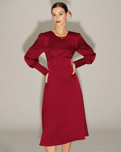 Vestido Midi A-Line de Satén Rojo Vino