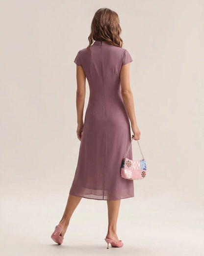 Vestido Midi de Chiffon con Cuello Mandarín Morado