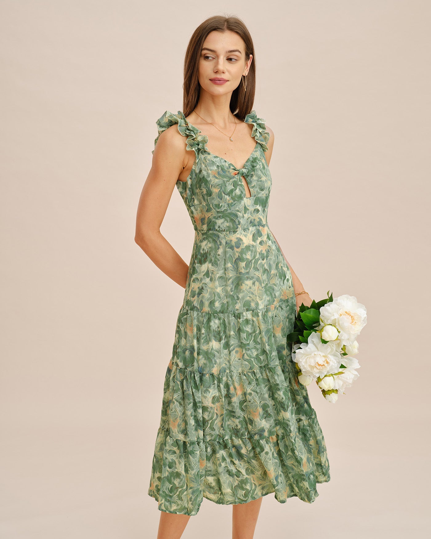 Vestido Midi Sin Mangas Arrugado Verde